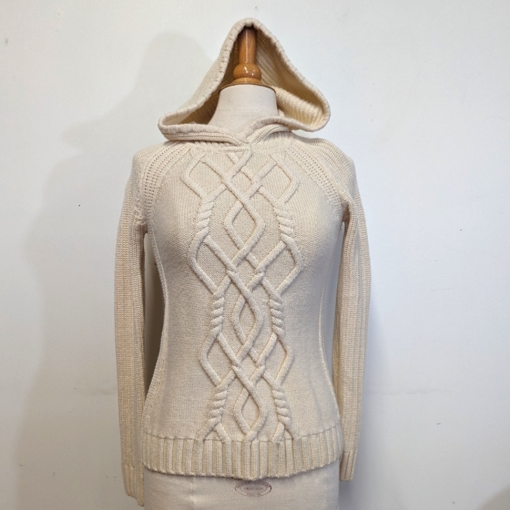 Athleta Ivory Wool Cable Fisherman's Sweater with Hood XXS Cold Spell